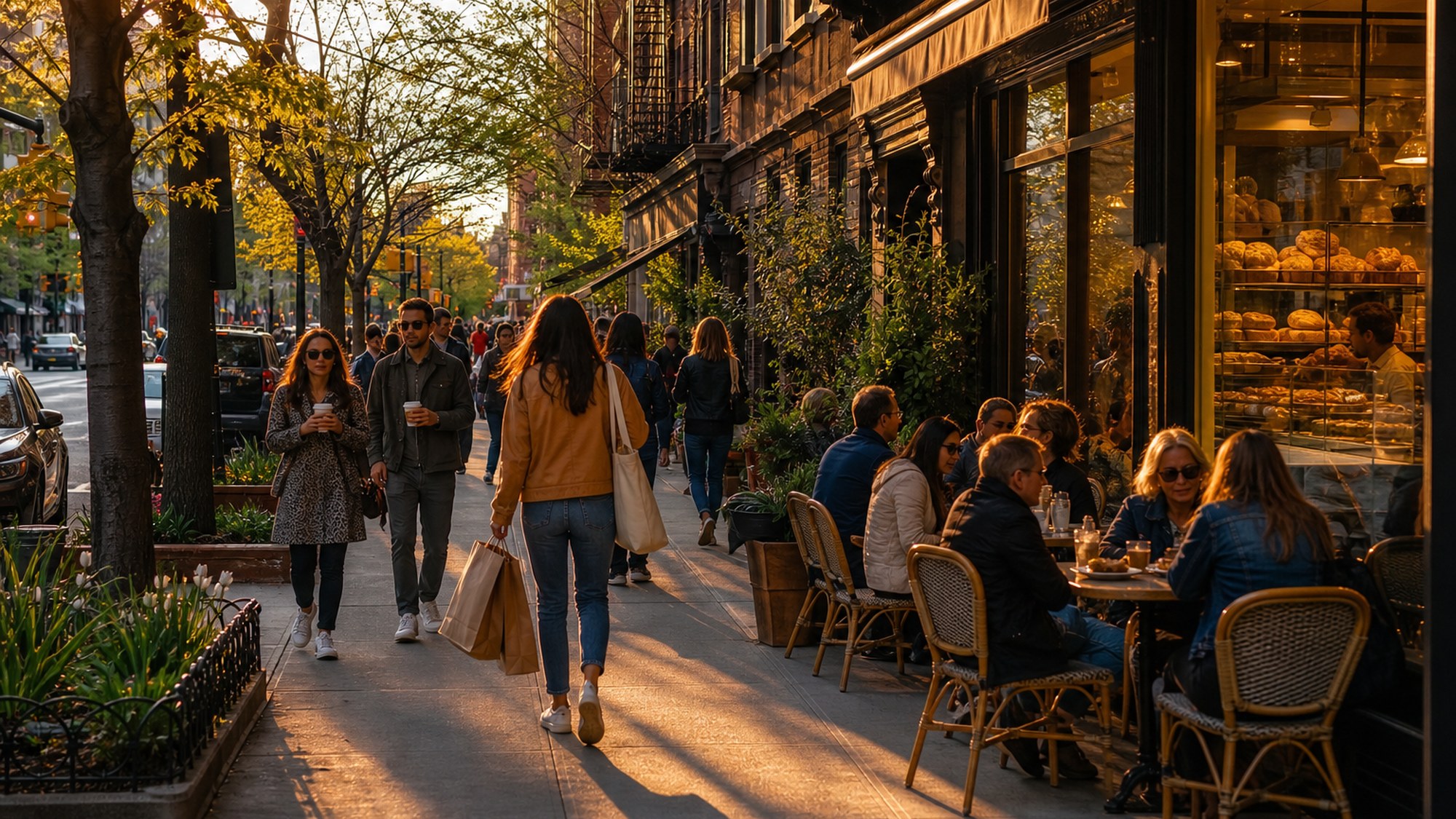 Golden-hour sidewalk cafés and shops on the Upper West Side